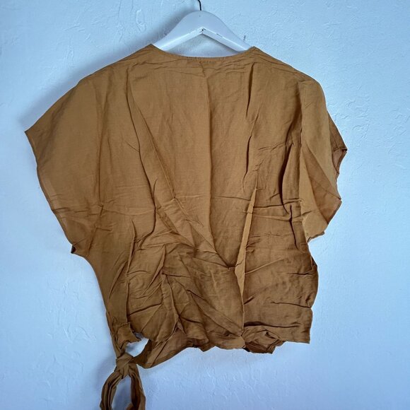 Madewell Linen-Blend Sash-Tie Wrap Top XL Toffee Short Sleeve AN950 New $75 - Picture 2 of 7